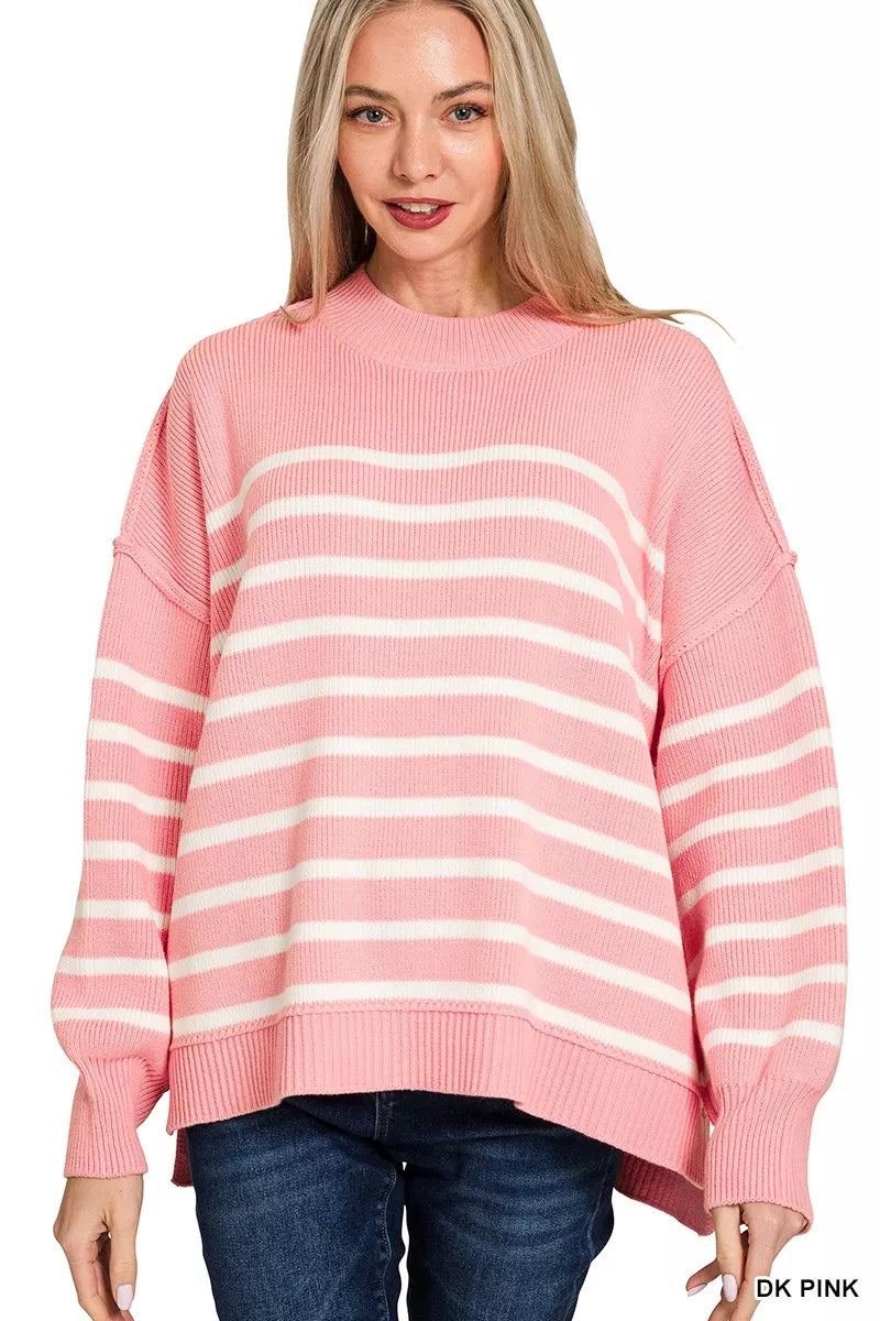 Zenana Exposed Seam Striped Oversized Sweater in Pink