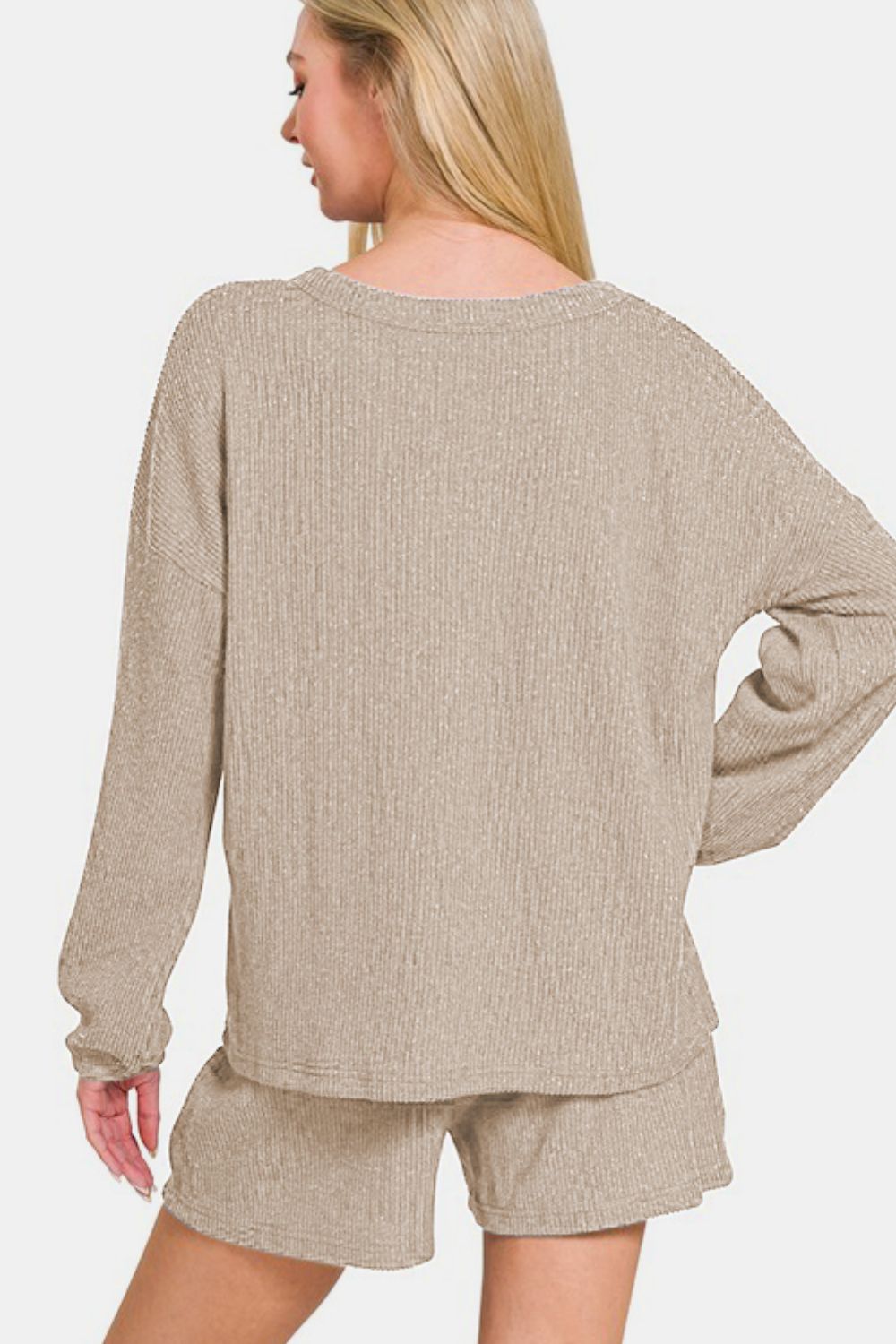 Zenana V-Neck Long Sleeve Ribbed Top and Shorts Set in Khaki