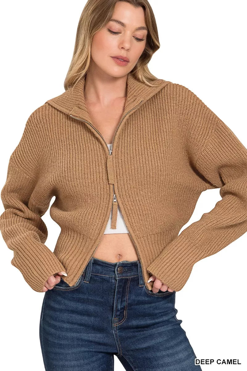 Zenana Ribbed Collared Zip Up Sweater Cardigan in Camel
