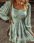 Floral Square Neck Shirred Waist Ruffle Dress