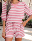 Stripe Puff Sleeve T-Shirt & Drawstring Shorts Set