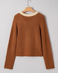 Contrast Trim Buttoned V-Neck Cropped Cardigan