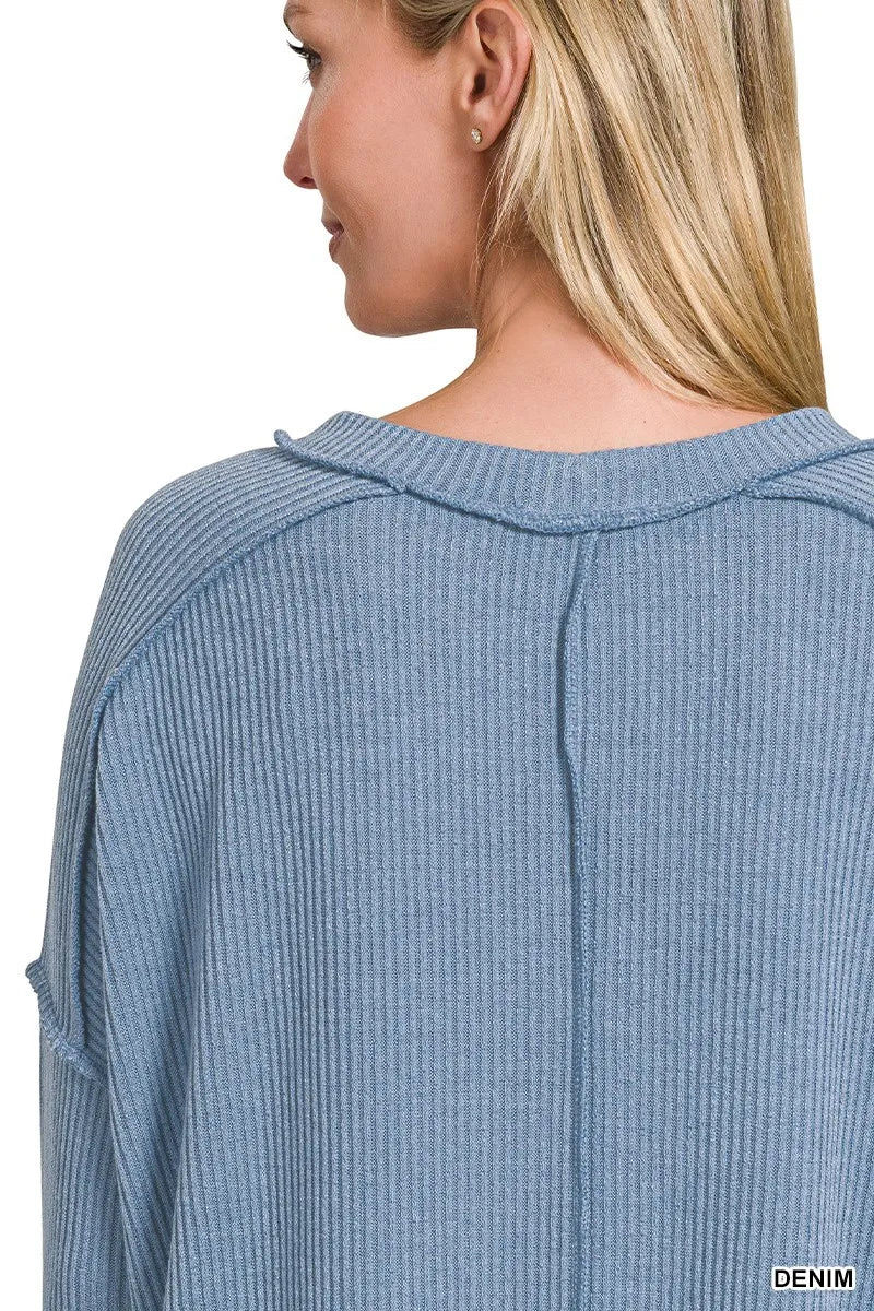 Zenana Ribbed Drop Shoulder Round Neck Sweater in Denim