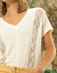 POL Inset Lace Outseam Detail Short Sleeve V-Neck T-Shirt