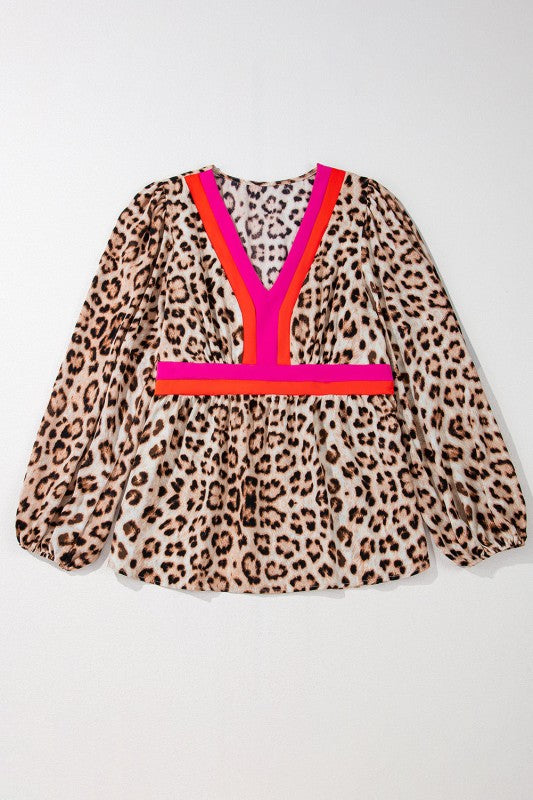 Cheetah Colorblock V-Neck Babydoll Blouse