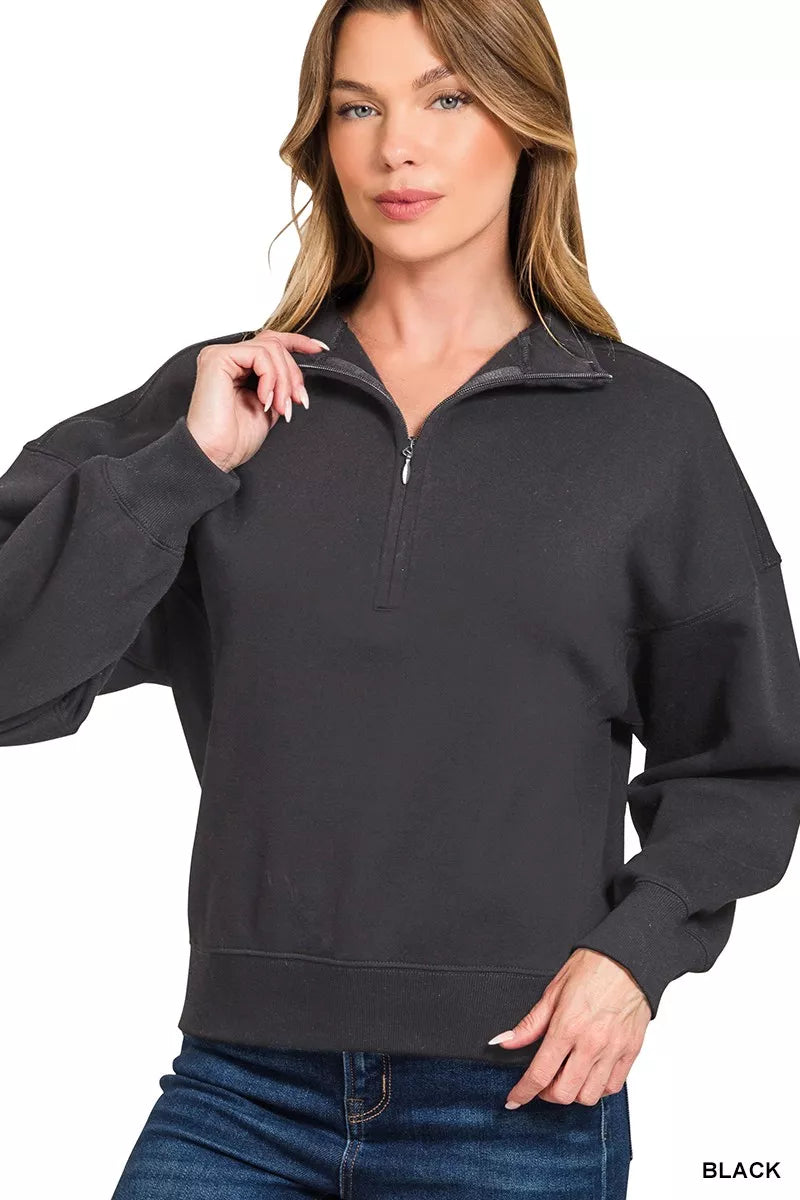 Zenana Fleece High Neck Half Zip Sweatshirt in Black