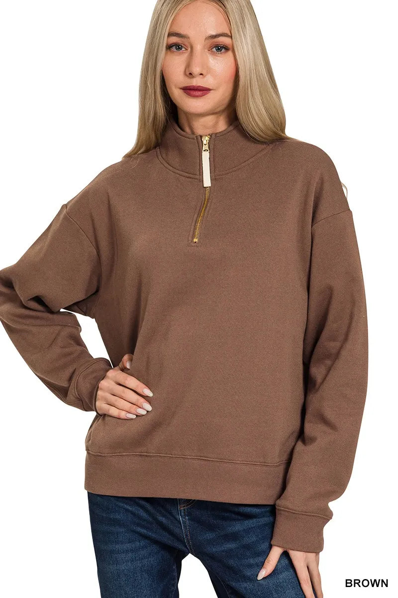 Zenana Fleece Half Zip Sweatshirt in Brown