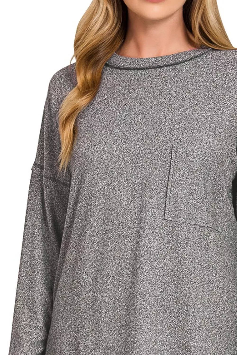 Zenana Soft Melange Hacci Round-Neck Long Sleeve T-Shirt in Black