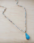 Frosted Amazonite Long Beaded Necklace with Agate Pendant