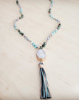 Long Amazonite Necklace with Genuine White Druzy Pendant