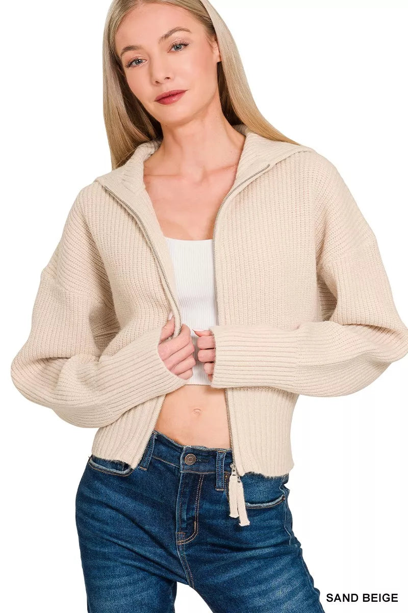 Zenana Ribbed Collared Zip Up Sweater Cardigan in Beige