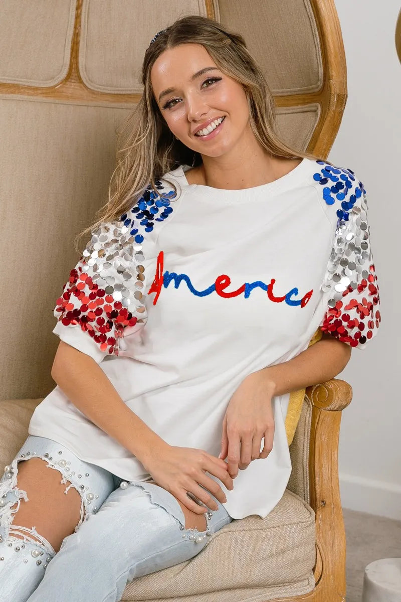 BiBi America Letter Applique Spangle Puff Sleeves Top