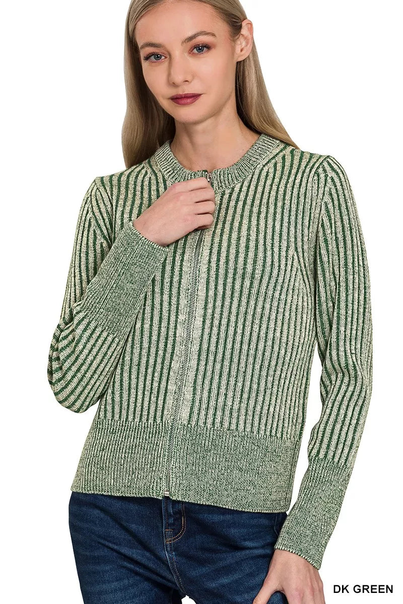 Zenana Ribbed Two Tone Zip Up Sweater Cardigan in Green
