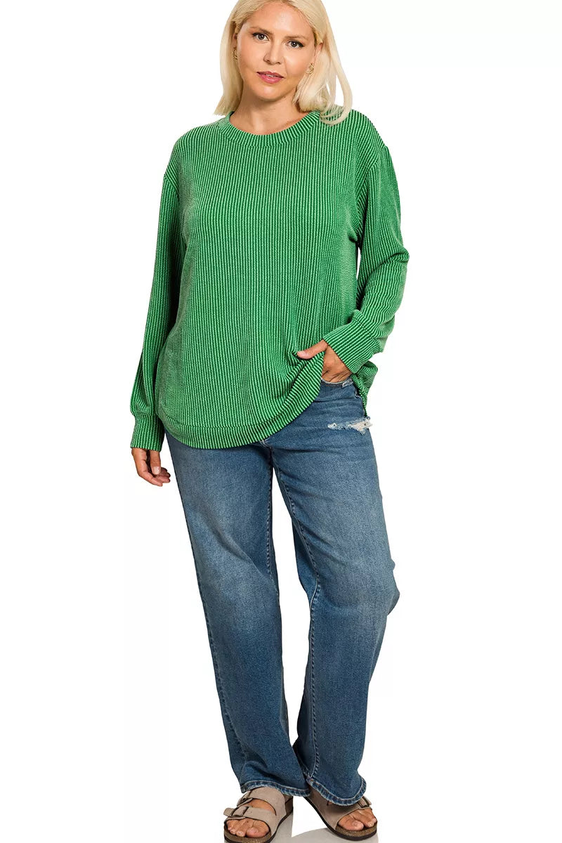 Zenana Full Size Raised Rib Round Neck Long Sleeve Top Plus Size in Green