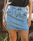 Acid Wash Denim Bow Pocket High Waist Skirt