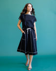 Major Score Black Contrast-Stitch Midi Skirt