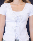 Tie Breaker Top – White Lace-Trim Tie-Front Top