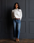 Signature Tuxedo Ruffle Button Down Blouse in White