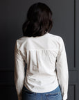 Signature Tuxedo Ruffle Button Down Blouse in White
