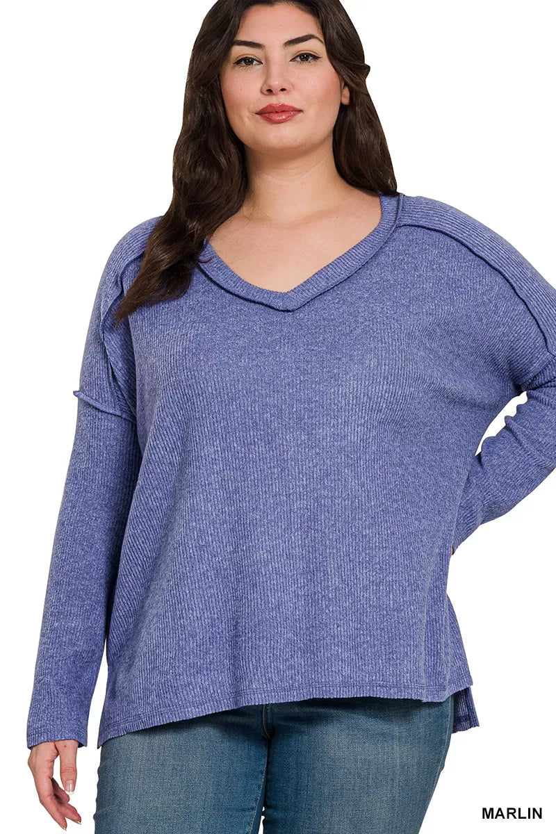 Zenana Full Size Brushed Ribbed Hacci Drop Shoulder V-Neck Sweater Plus Size in Marlin