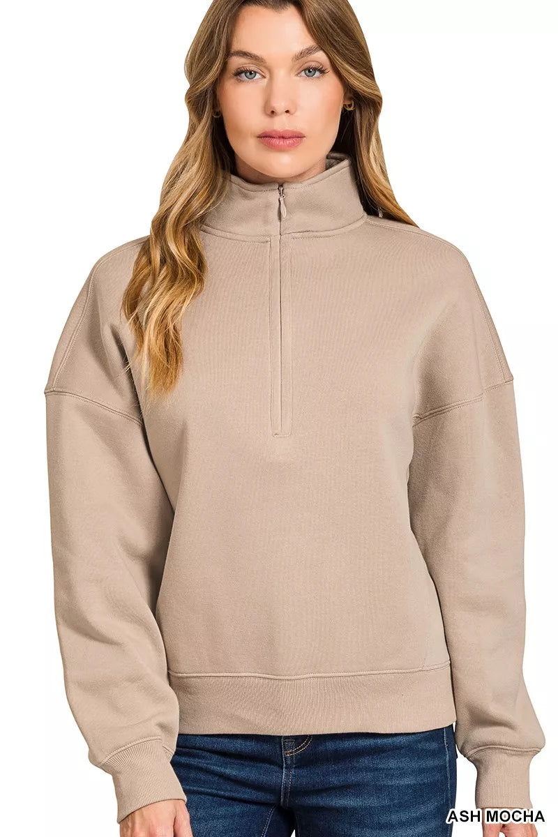 Zenana Fleece High Neck Half Zip Sweatshirt in Mocha