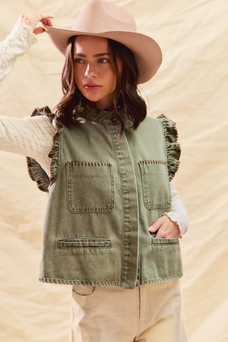SO ME Washed Denim Stitch Ruffled Hidden Button Vest Top
