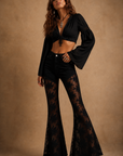 GJG Denim Raven Floral Lace Bell Bottom Jeans — Black