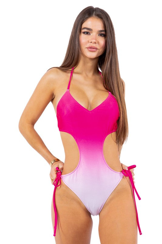 One PIece Ombre Side Tied Halter Swimsuit