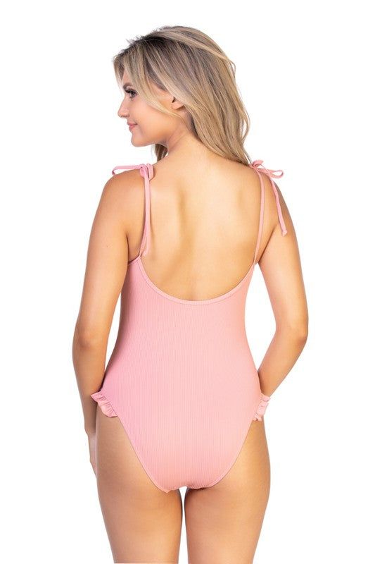 Solid Pink Ruffle Trim One Piece Swimsuit
