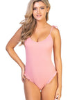 Solid Pink Ruffle Trim One Piece Swimsuit