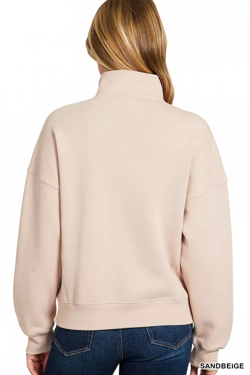 Zenana Fleece High Neck Half Zip Sweatshirt in Beige