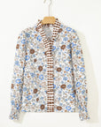 Floral Gingham Plaid Frilled Trim Long Sleeve Blouse