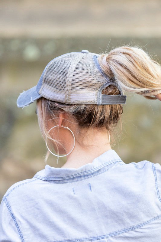 Distressed Messy Bun Hat Cap - Online Only