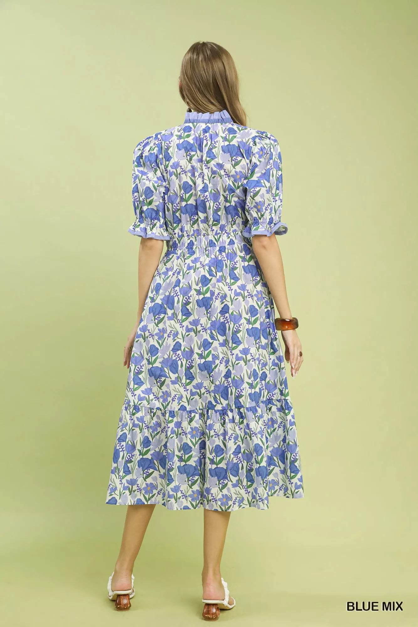 umgee collared tiered midi dress Umgee Sangria Floral Tiered Midi Dress with Collared Neck and 3/4 Sleeves