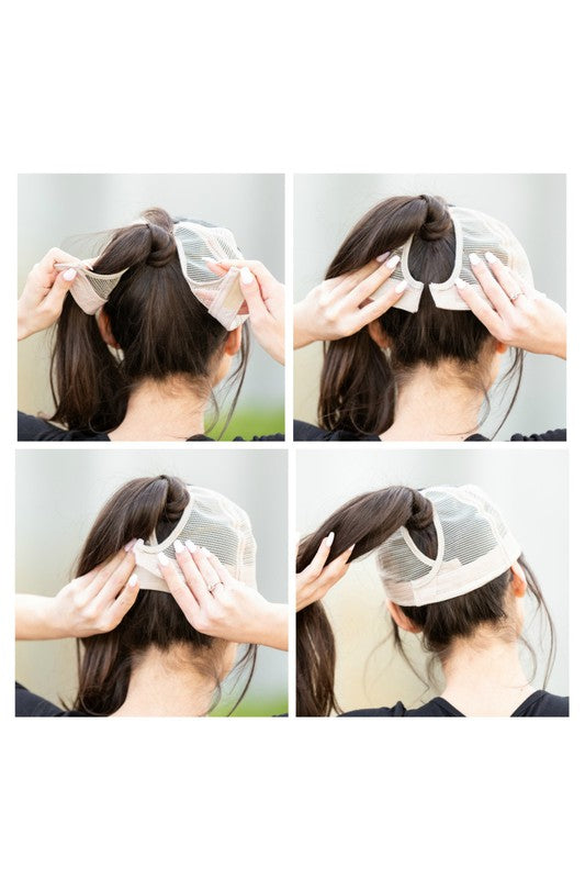 PonyFlo CAMO Distressed Messy Bun Cap Hat