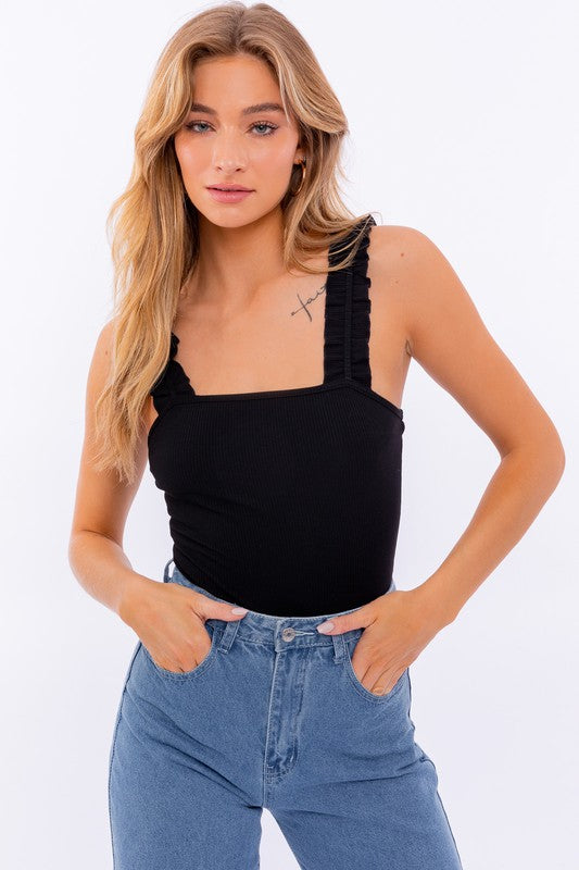 RIBBED BODYSUIT WITH RUFFLES - Black