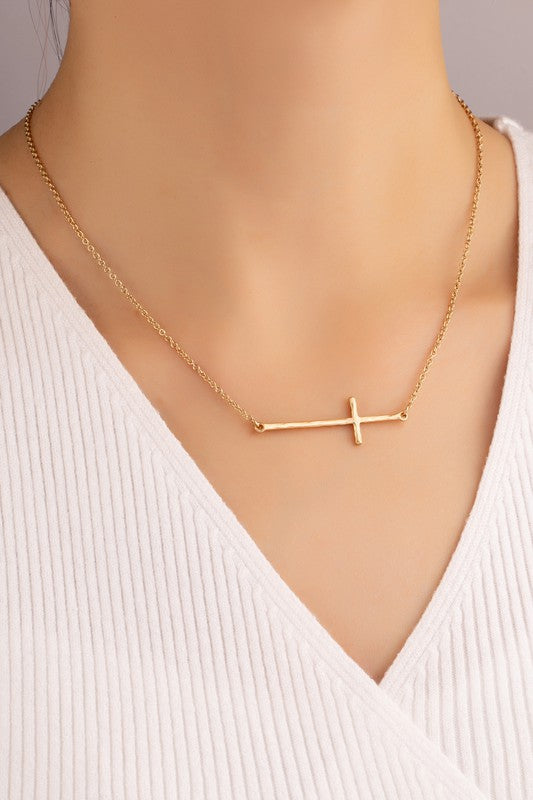 Hammered Sideway Cross Necklace - Online Only