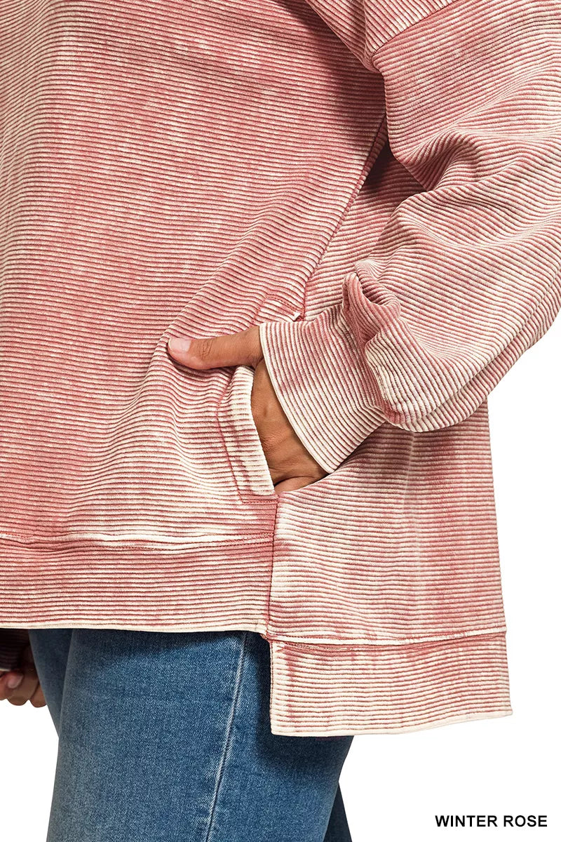 Zenana Full Size Acid Washed Double Ribbed Hi-low Sweatshirt Plus Size in Rose