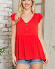 Button Trim Ruffle Sleeve Woven Baby Doll