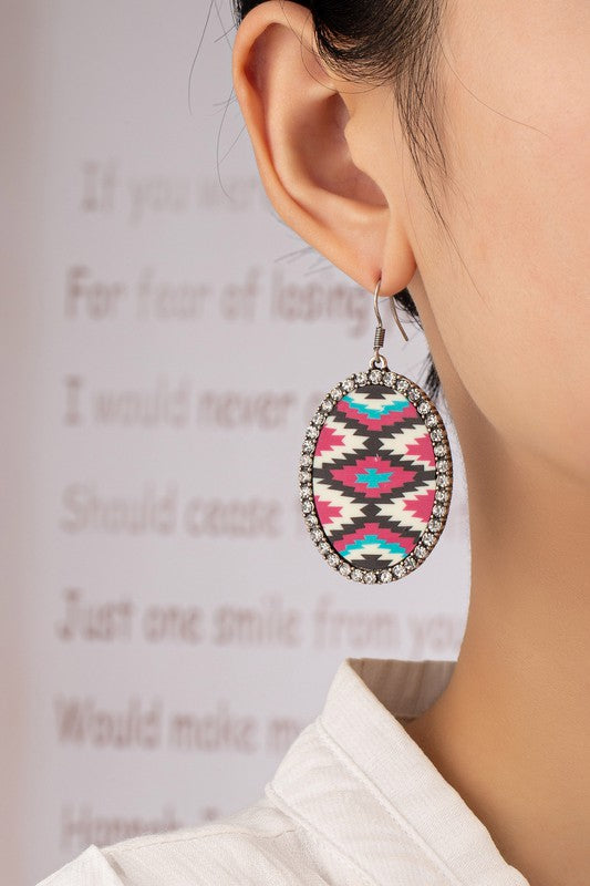 Aztec Oval Drop Earrings With Rhinestones - Online Only
