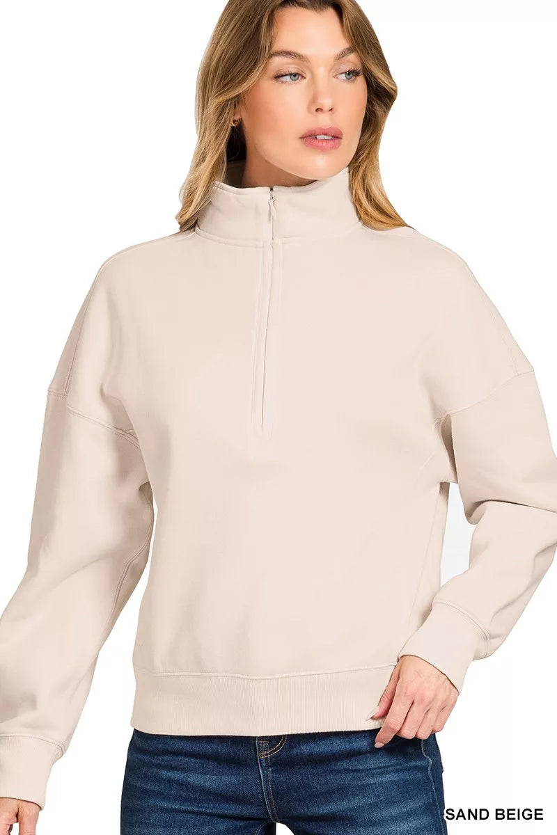 Zenana Fleece High Neck Half Zip Sweatshirt in Beige