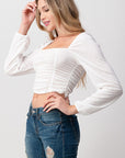 Shirred Puff Sleeve Crop Top — Textured Semi-Sheer Blouse