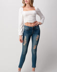 Shirred Puff Sleeve Crop Top — Textured Semi-Sheer Blouse