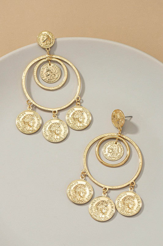 Double Hoop Drop Earrings with Coins - Online Only