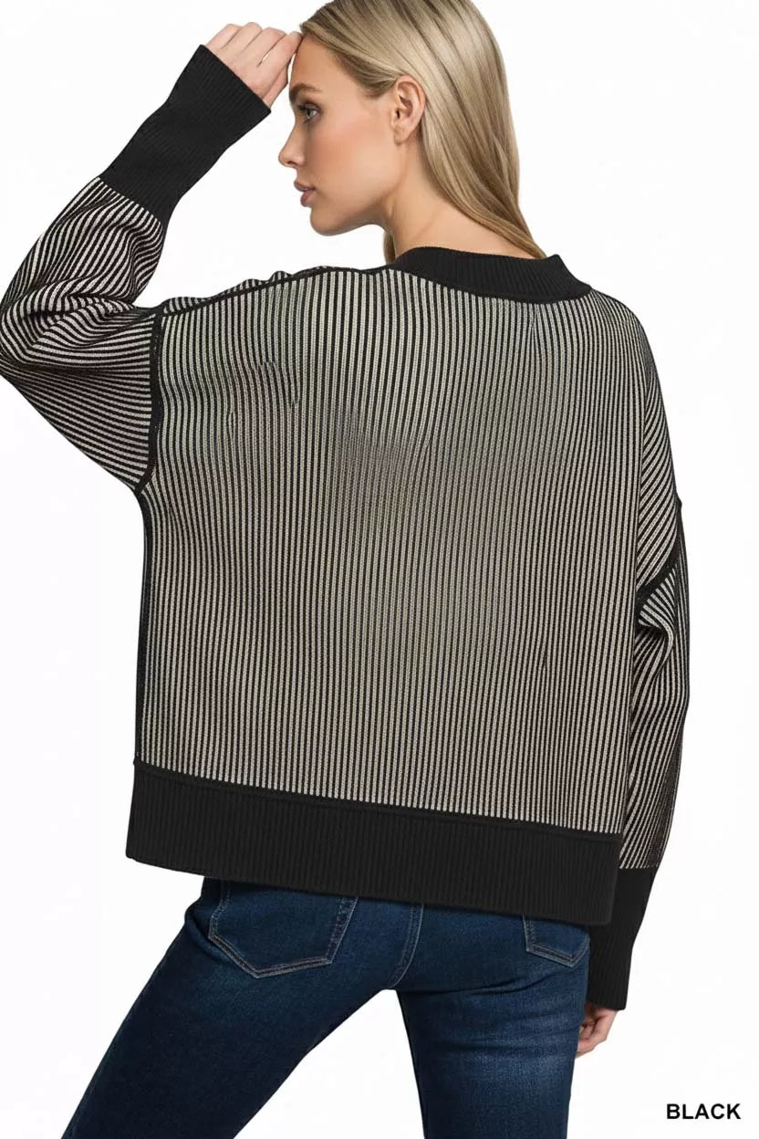 Zenana Ribbed Exposed Seam Two Tone Sweater in Black