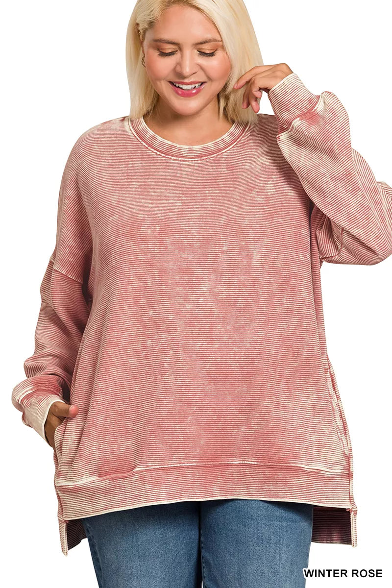 Zenana Full Size Acid Washed Double Ribbed Hi-low Sweatshirt Plus Size in Rose