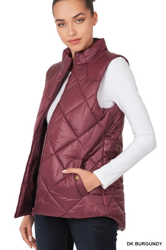 Zenana Diamond Quilted Zip Front Vest - Online Only