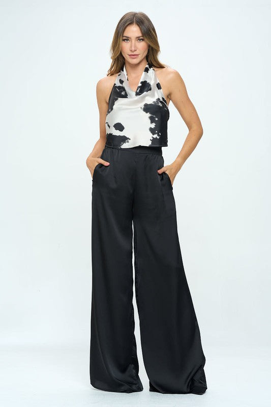 Renee C. Satin Cow Print Cowl Neck Backless Top