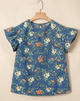 Floral Denim Ruffle Short Sleeve Top