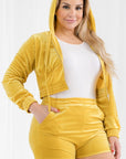 Plus Size Velour Crop Zip Up Hoodie and Shorts Set